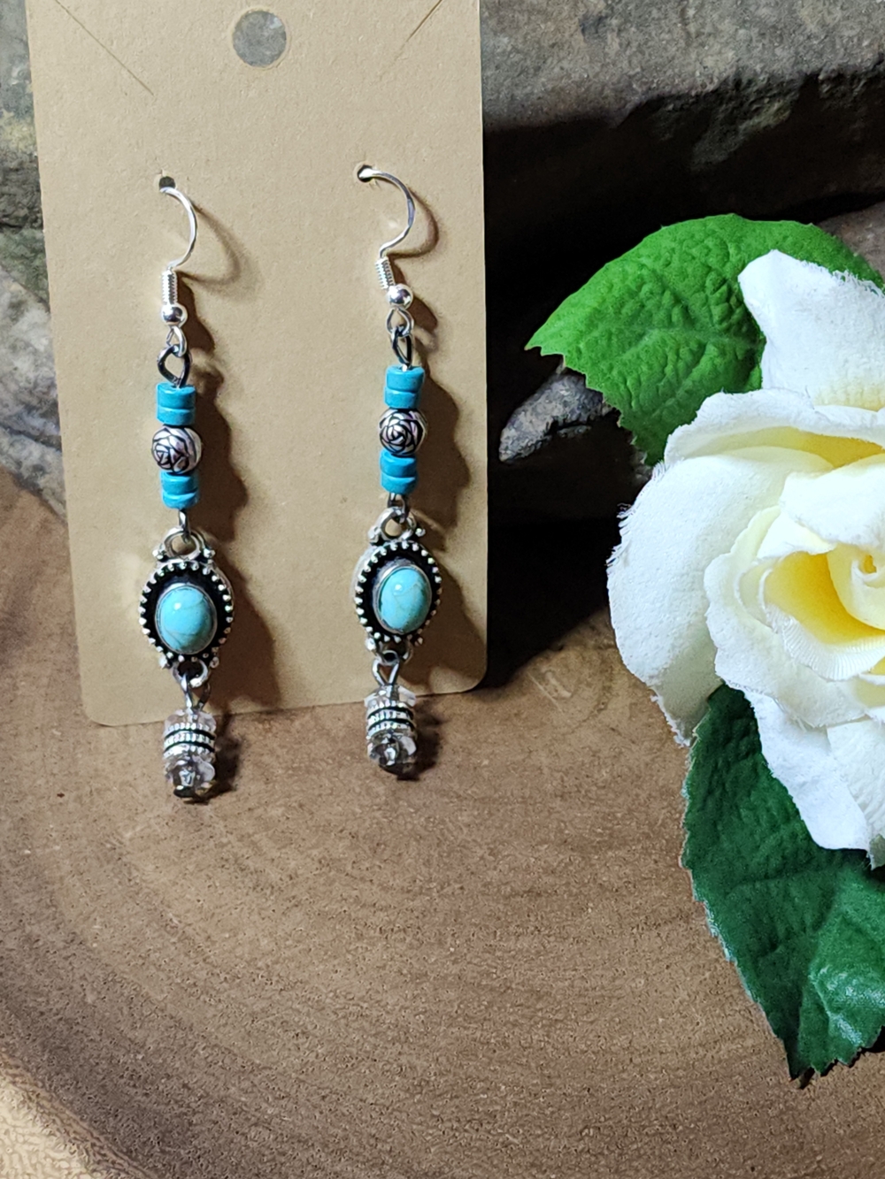 Faux Turquoise Bead Drop Earrings With Metal Rose Accent Beads